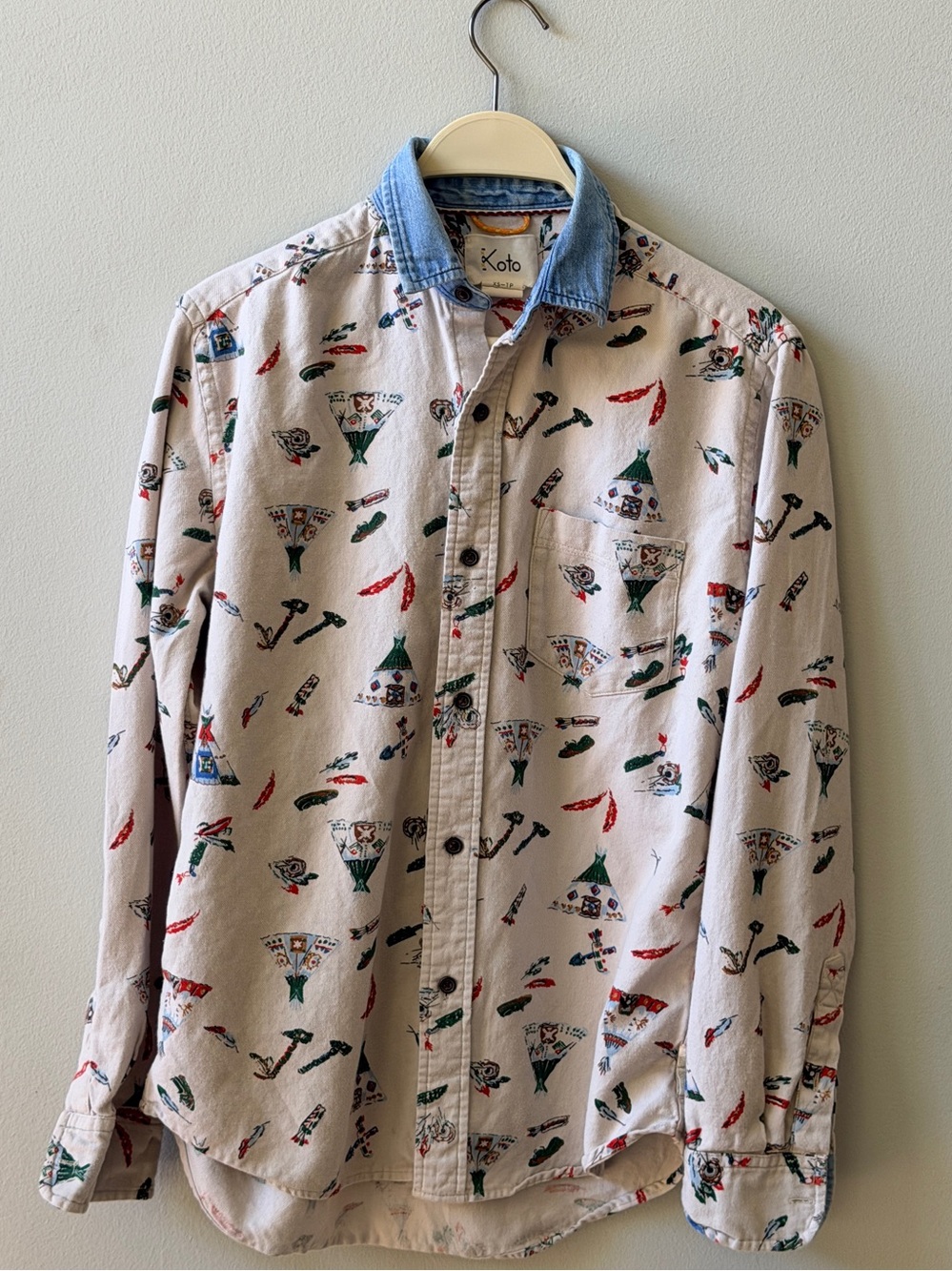 Koto Printed Button-Down Shirt with Denim Collar.Vintage Thrifted Americana